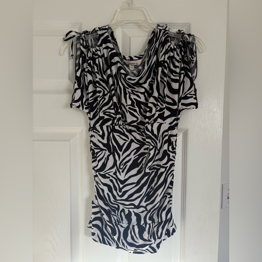 Y2K SPEECHLESS ZEBRA COLD SHOULDER RUCHED SHORT SLEEVE FITTED SHIRT TOP BLOUSE S